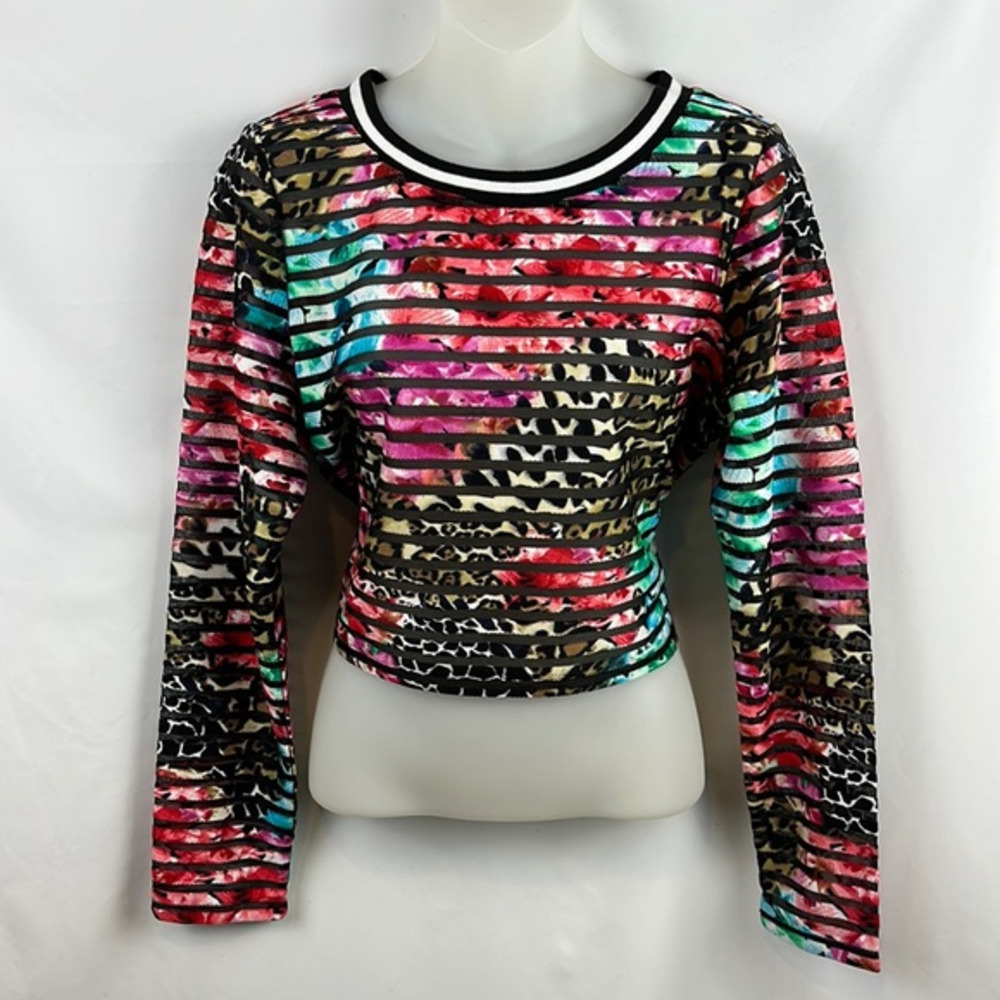 Romeo & Juliet Couture Mesh Striped Crop Sweatshirt Animal/Floral Print‎ Size M